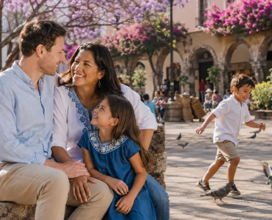 Familie beim gemeinsamen Ankommen in Mexiko